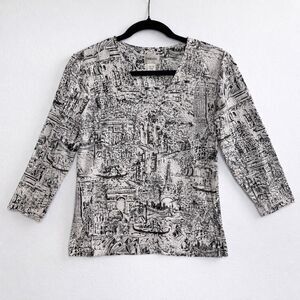 Chico’s Size 0 Black White City World Travel Print Top 3/4 Sleeve Stretch Rayon